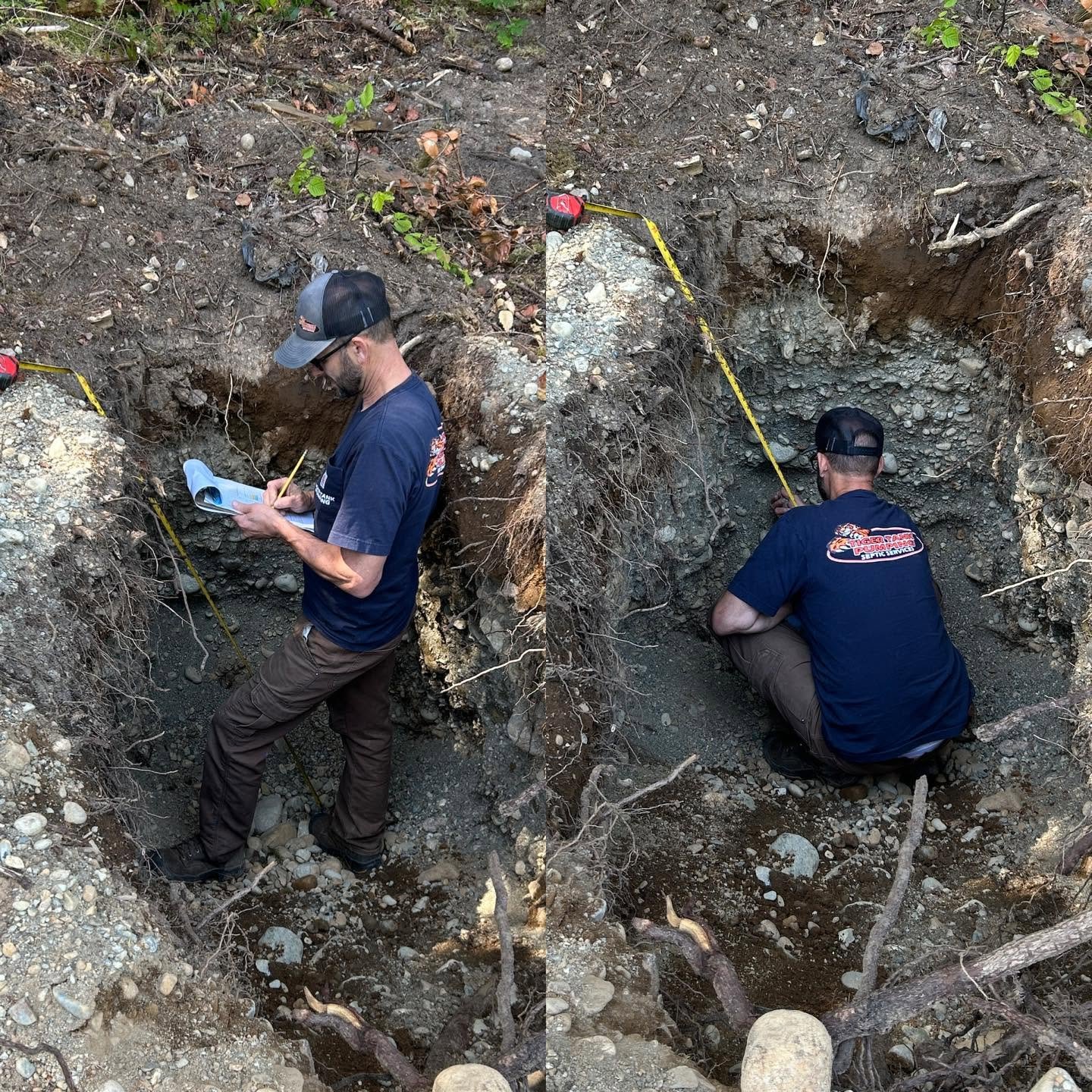 A Tiger Tank designer measuring and logging soil layers in a deep test pit.