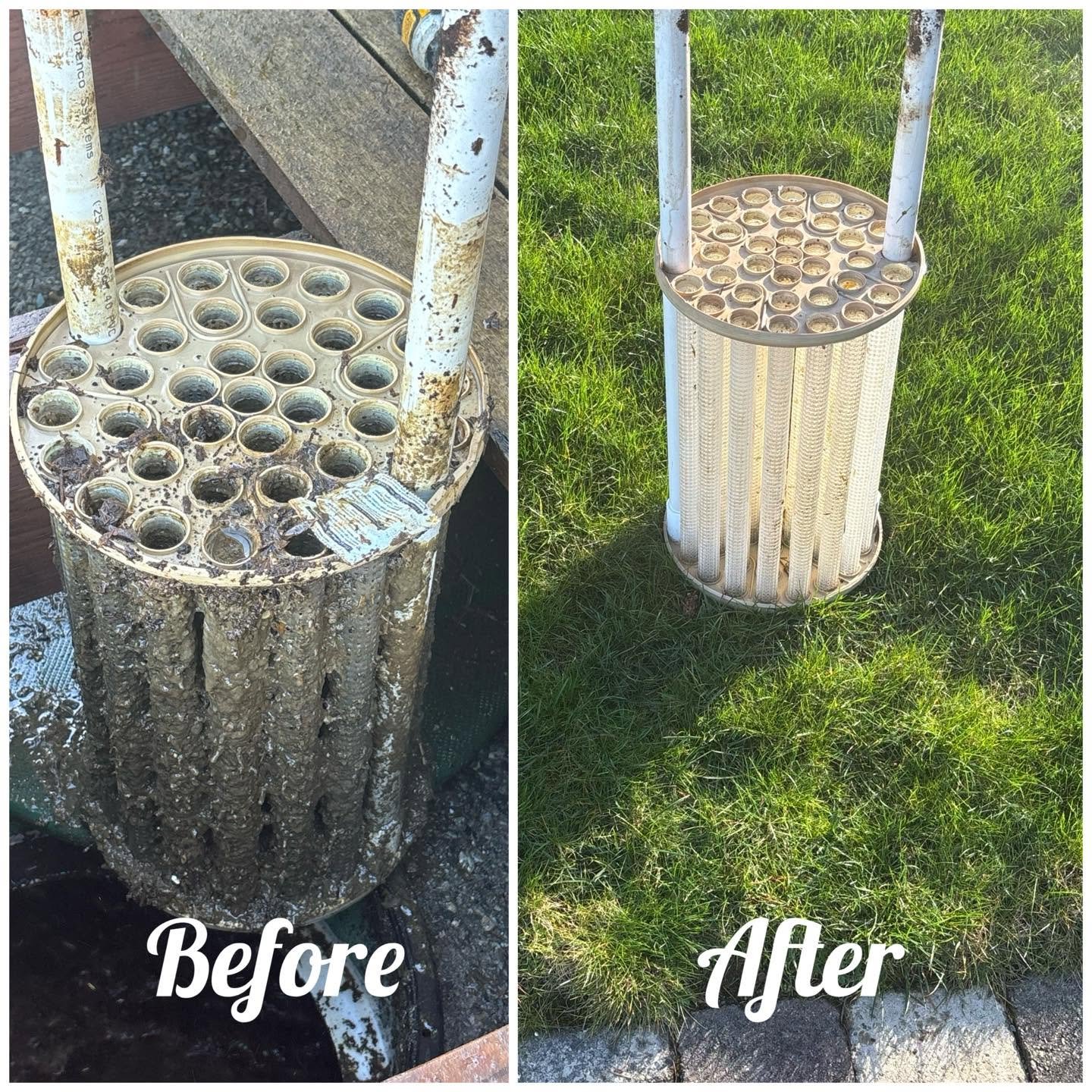 Before and after photos of a septic outlet filter, caked solid on the left and fully cleaned on the right.